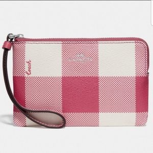 Coach Corner Zip Wristlet Buffalo Plaid Strawberry